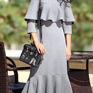 Mermaid Elegant Cotton-blend Solid Long Sleeve Midi Dress