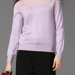 Mesh Paneled H-line Long Sleeve Solid Crew Neck Long Sleeved Top