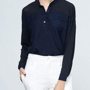 Mesh Paneled Long Sleeve Casual H-line Blouse