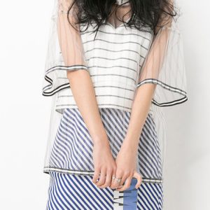 Mesh Two Piece Stripes Half Sleeve Statement T-Shirt