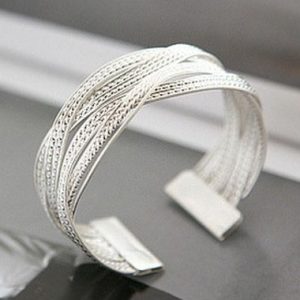 Metal Rattan Knitted Twisted Silver Wide Bracelet - One Size