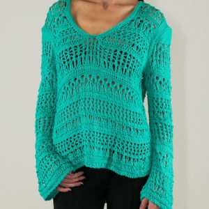 Mint Crocheted V Neck Cotton-blend Long Sleeved Top