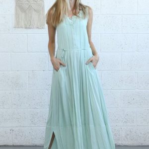 Mint Solid Sleeveless A-line Pockets Maxi Dress with Belt