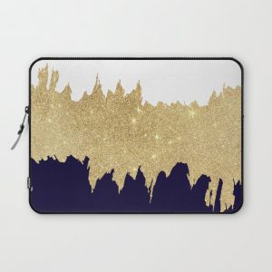 Modern navy blue white faux gold glitter brushstrokes Computer Cover by Pink Water - Laptop Sleeve - 13"