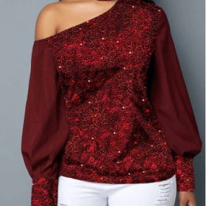 Modlily Women's New Year Eve Wine Red Mock Neck Cutout Shoulder Shining Blouse - XXL