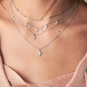 Moon Pendant Layered Silver Metal Necklace - One Size