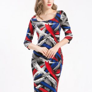 Multicolor 3/4 Sleeve Color-block Midi Dress