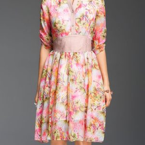 Multicolor 3/4 Sleeve Floral A-line Midi Dress