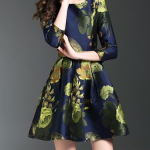 Multicolor 3/4 Sleeve Floral-print Folds Crew Neck Mini Dress