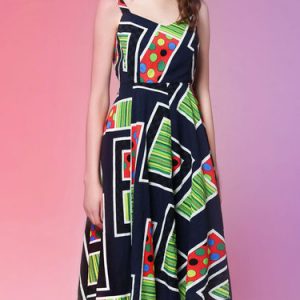 Multicolor A-line Cotton-blend Sweet Midi Dress