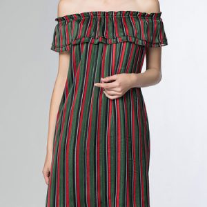 Multicolor A-line Off Shoulder Casual Stripes Mini Dress