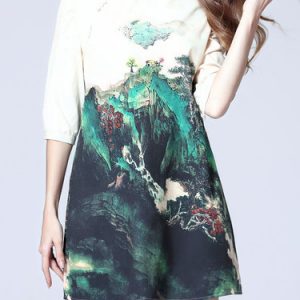 Multicolor Abstract 3/4 Sleeve Stand Collar Mini Dress