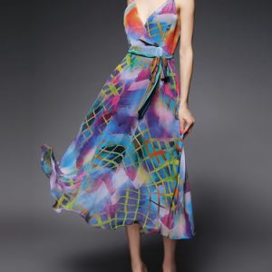 Multicolor Abstract Printed Spaghetti Midi Dress