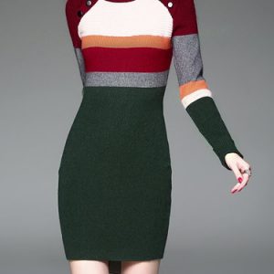 Multicolor Bodycon Long Sleeve Crew Neck Color-block Sweater Dress