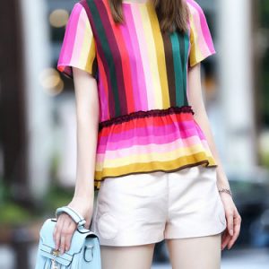 Multicolor Bow Crew Neck Short Sleeve Blouse