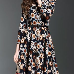 Multicolor Buttoned Floral Long Sleeve Midi Dress