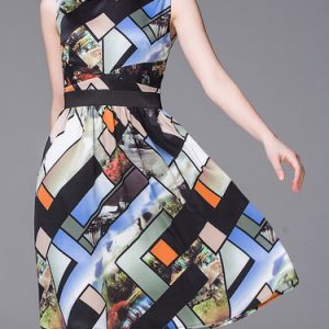 Multicolor Casual Crew Neck Geometric Midi Dress