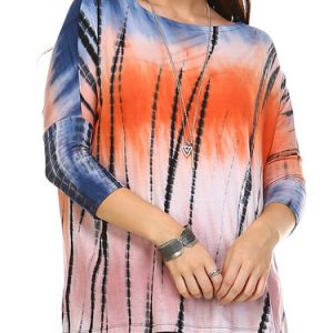 Multicolor Crew Neck 3/4 Sleeve Color-block Tunic