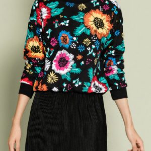 Multicolor Crew Neck Balloon Sleeve Floral-print Long Sleeved Top