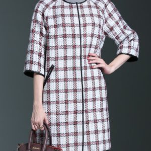 Multicolor Crew Neck Casual H-line Checkered/Plaid Coat