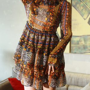 Multicolor Crew Neck Chiffon Frill Sleeve Mini Dress