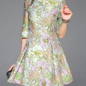 Multicolor Crew Neck Floral Folds Half Sleeve Skater Mini Dress