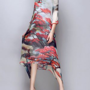 Multicolor Floral Floral-print V Neck 3/4 Sleeve Midi Dress