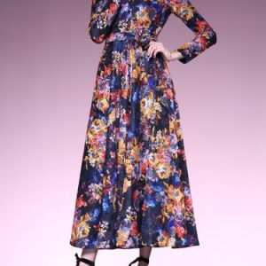 Multicolor Floral Print A-line Long Sleeve Shirt Dress with Belt