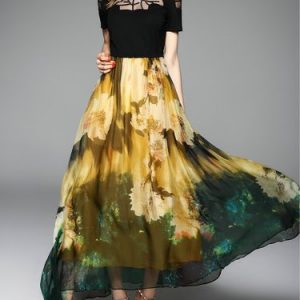 Multicolor Floral Short Sleeve Swing Crew Neck Maxi Dress