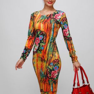 Multicolor Floral-print Long Sleeve Wool Blend Midi Dress