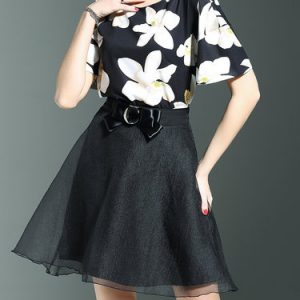 Multicolor Floral-print Shift Short Sleeve Two Piece Mini Dress