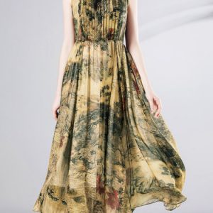 Multicolor Floral-print Sleeveless Pleated Silk Midi Dress