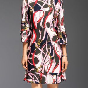 Multicolor Frill Sleeve Abstract Midi Dress