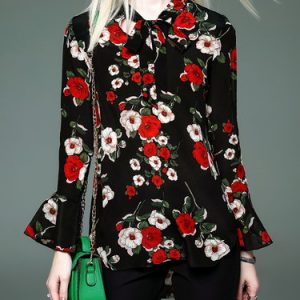 Multicolor H-line Floral-print Bell Sleeve Blouse