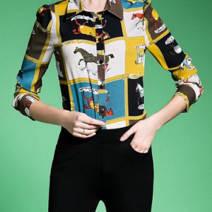 Multicolor H-line Long Sleeve Printed Blouse