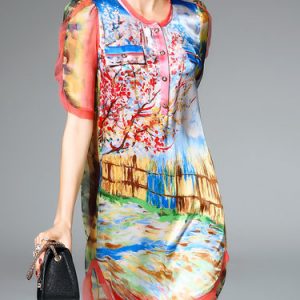 Multicolor Half Sleeve Silk H-line Crew Neck Mini Dress