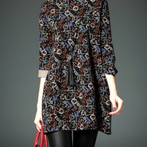 Multicolor Letter Print 3/4 Sleeve Turtleneck Mini Dress