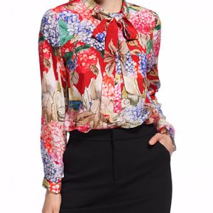 Multicolor Long Sleeve Bow Floral-print Silk Blouse