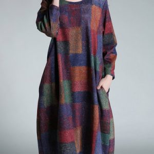 Multicolor Long Sleeve Checkered/Plaid H-line Midi Dress