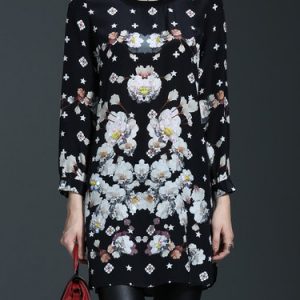 Multicolor Long Sleeve Crew Neck Floral-print Tunics