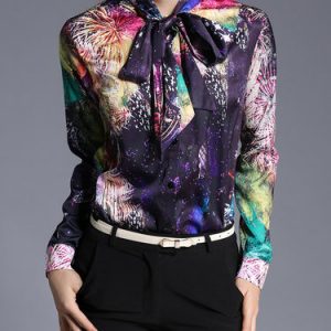 Multicolor Long Sleeve Printed Stand Collar Blouse