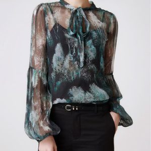 Multicolor Long Sleeve Silk Mesh Stand Collar Blouse With Camis