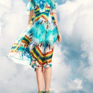 Multicolor Polyester Ruffled Off Shoulder Sexy Midi Dress