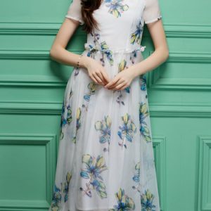 Multicolor Printed A-line Floral Short Sleeve Midi Dress