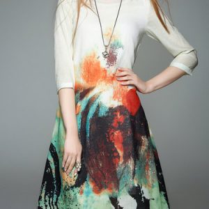 Multicolor Printed Abstract 3/4 Sleeve Midi Dress