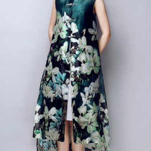 Multicolor Printed Silk Crew Neck Sleeveless Coat