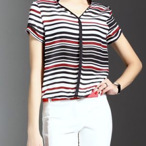 Multicolor Printed Stripes Work Short Sleeved Top