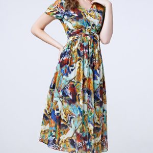 Multicolor Ruched Abstract Swing Casual V Neck Midi Dress