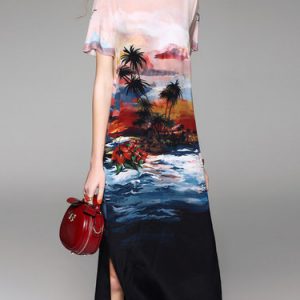 Multicolor Shift Silk Short Sleeve Crew Neck Midi Dress