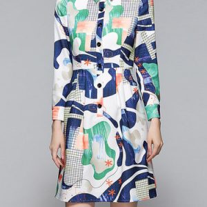 Multicolor Shirt Collar Long Sleeve A-line Printed Shirt Dress